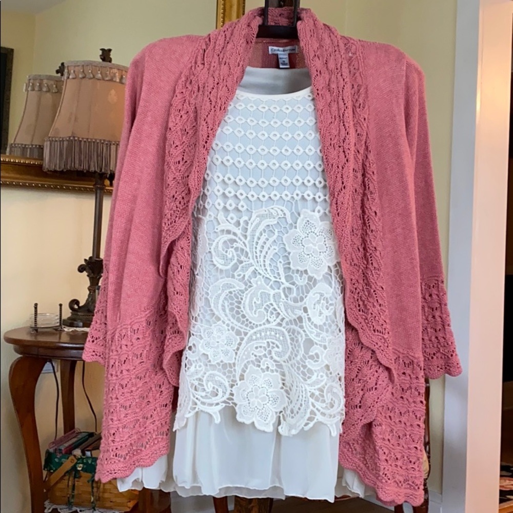 Plus size 1x 3/4 sleeve sweater w/ crocheted trim